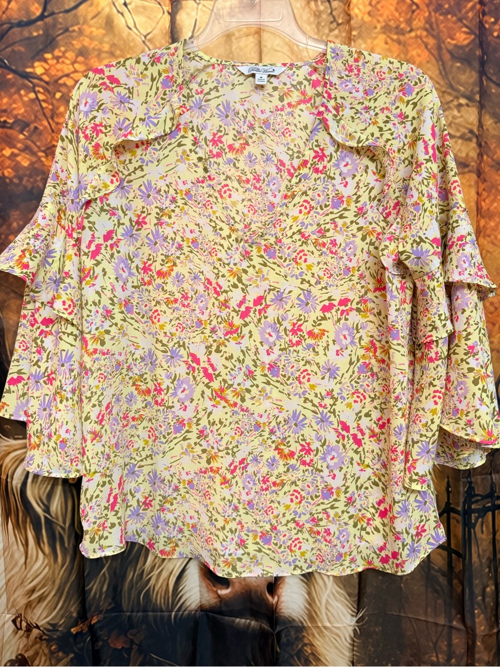 Pioneer Woman Yellow Floral Ruffle Sleeve Blouse